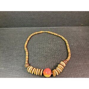 25" Screw in Closure Wood Necklace w Large Red Wood Ball Vintage Brown Beige Clr